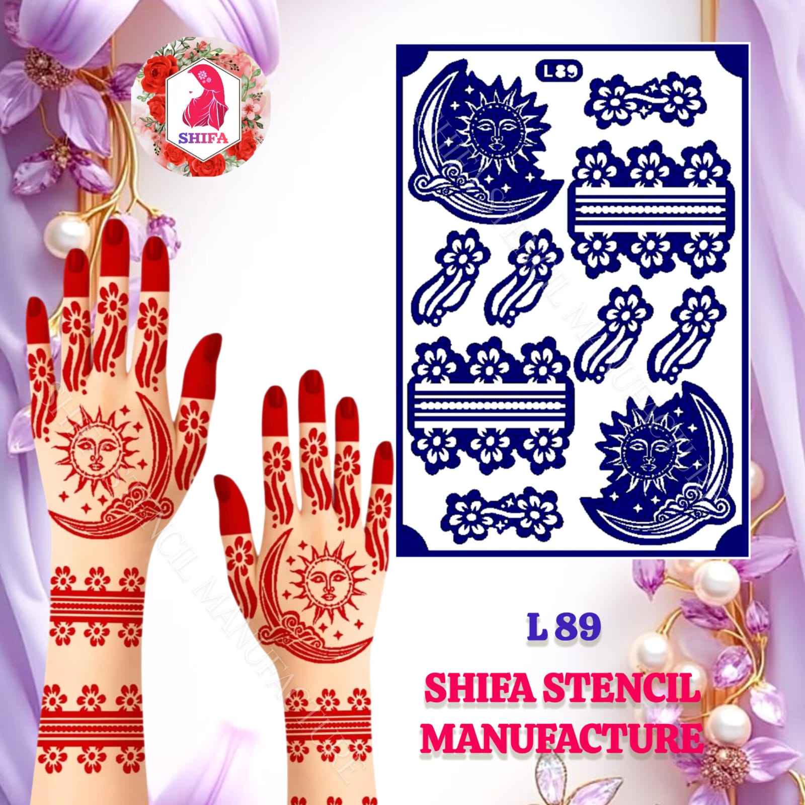 L89 Moon & Sun Themed Floral Design  Sticker Overview  Henna Stencil - Shifa Stencil